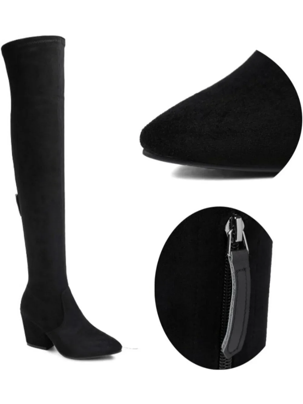 Women's Black 3 Inch Pointed Toe Chunky Block Heel Over The Knee High Boots